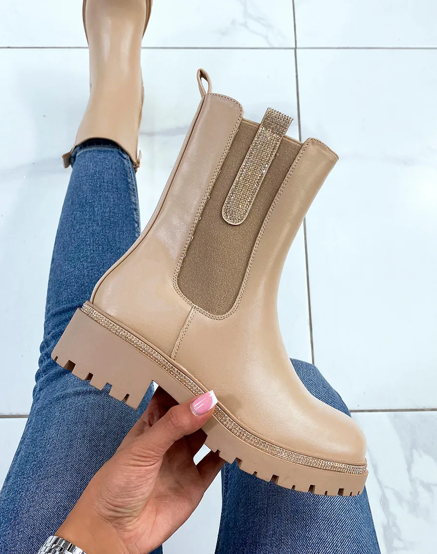 Chelsea boots beiges à détails à strass