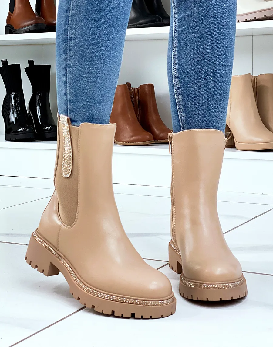 Chelsea boots beiges à détails à strass