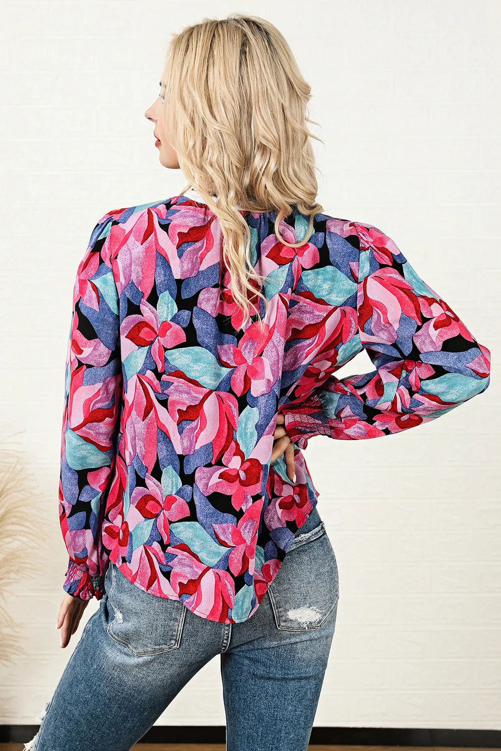 Chemisier multicolore à manches froncées et imprimé floral, manches bouffantes