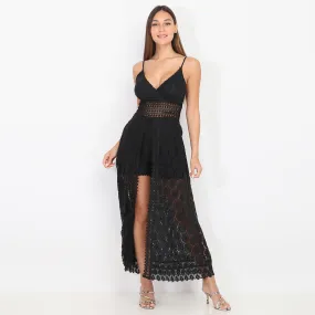 Combi-short avec jupe longue fendue en dentelle- Noir