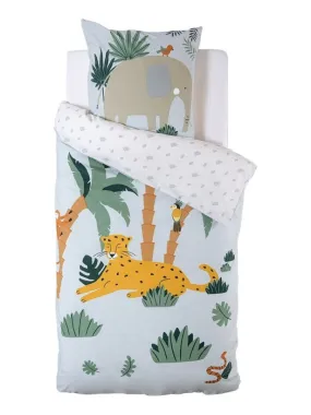 Housse de couette enfant 140x200 Jungle + taie 100% coton 57 fils - Blanc