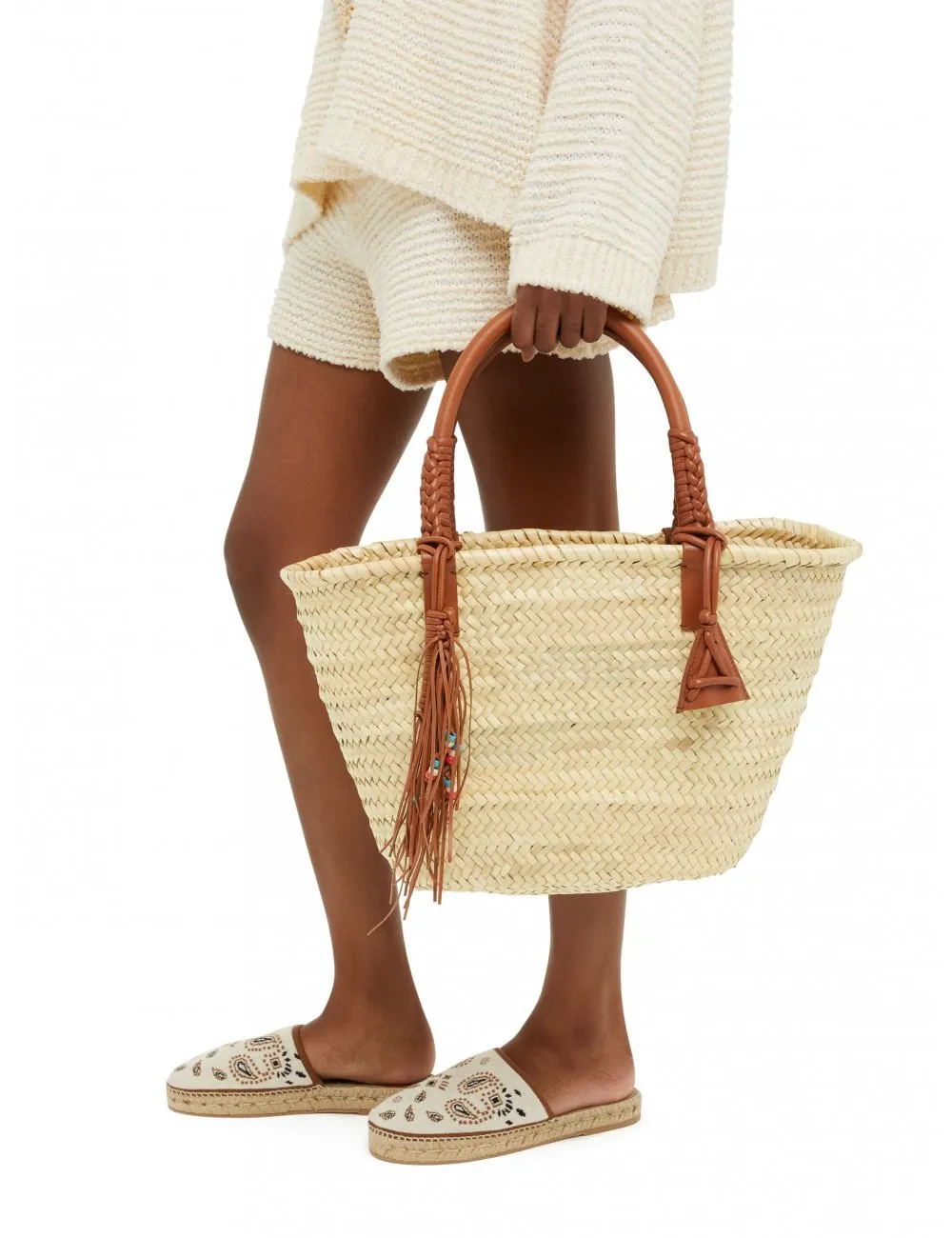 Panier empiécements franges en cuir et perles alanui - Cabas de lux...