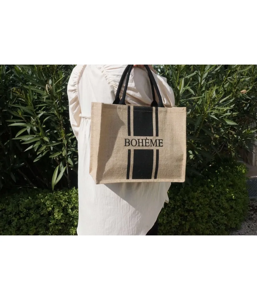 SANTAÏA CABAS BOHÊME MOTIF NOIR LIN BEIGE ASPECT JUTE IDEAL VILLE MER