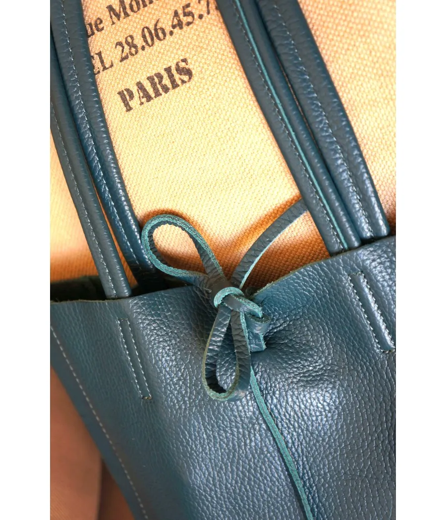 SANTAÏA Cabas cuir vachette grainé bleu canard qualité Italie