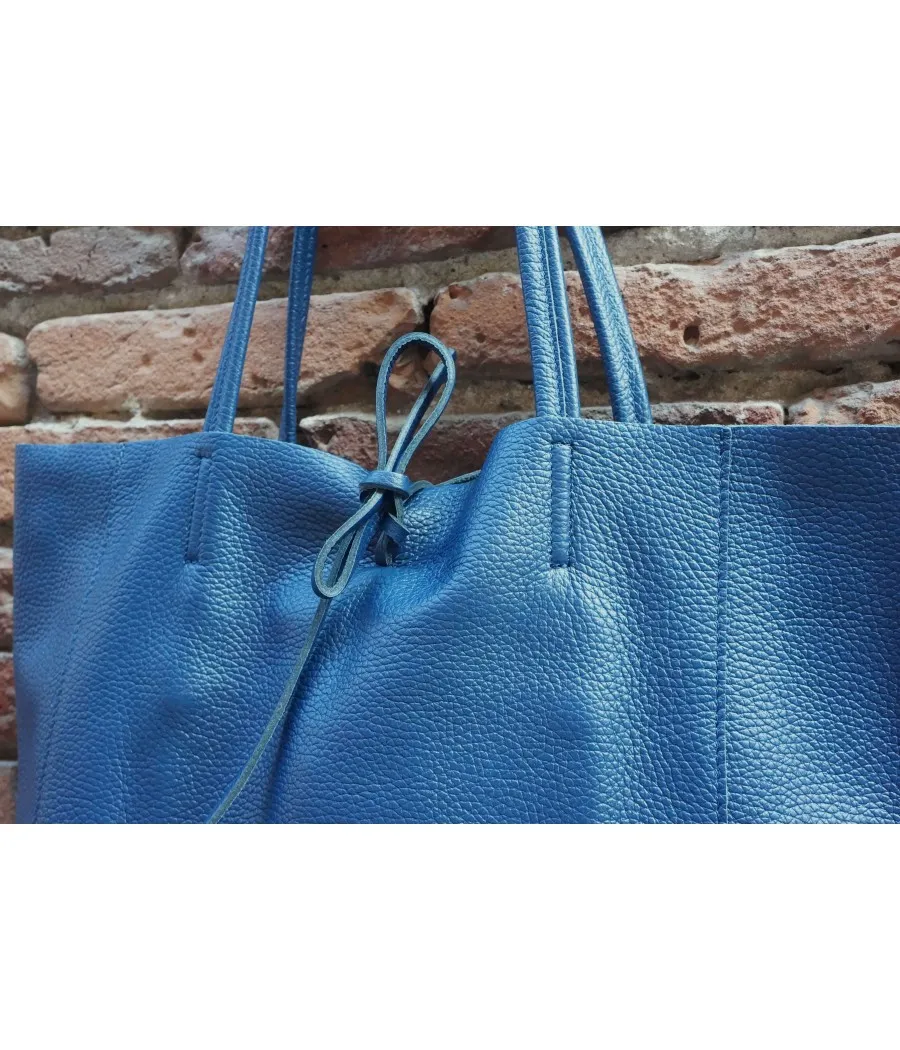SANTAÏA Cabas cuir vachette grainé bleu marine qualité supérieure Italie