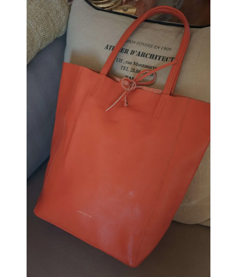 SANTAÏA Cabas cuir vachette grainé orange brique qualité Italie