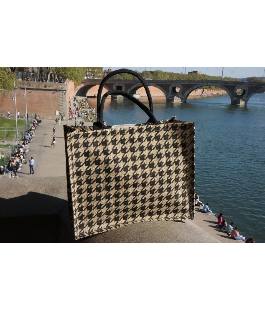 SANTAÏA cabas rive gauche aspect jute motif pied de poule beige noir