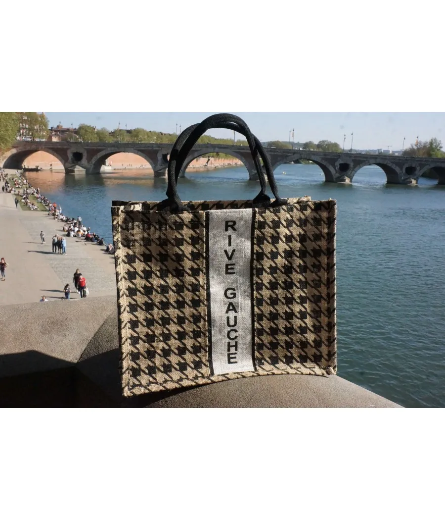 SANTAÏA cabas rive gauche aspect jute motif pied de poule beige noir