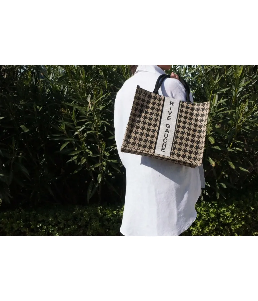 SANTAÏA cabas rive gauche aspect jute motif pied de poule beige noir