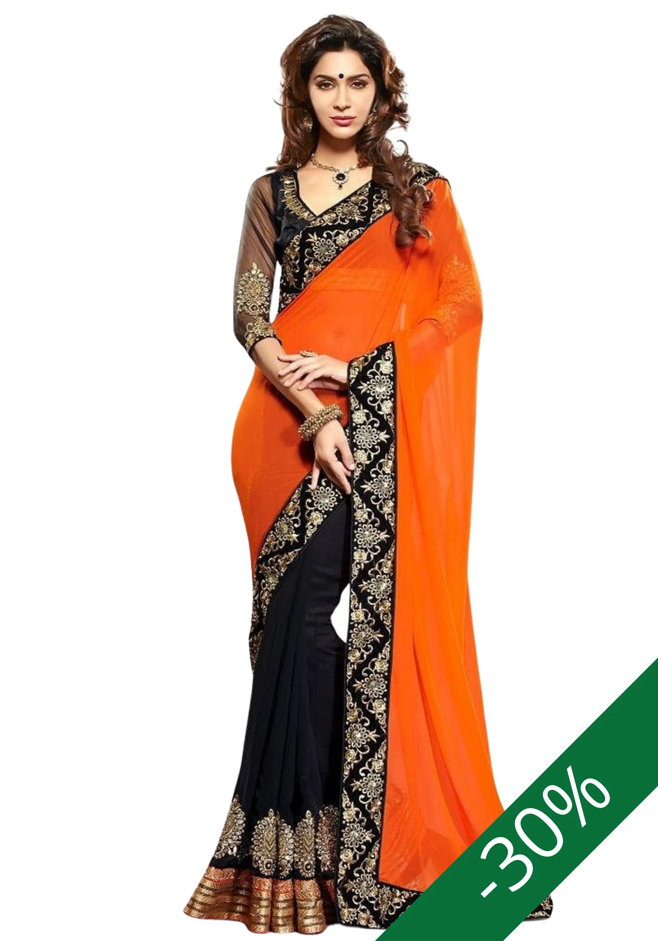 Sari Prêt orange et noir Akhendra T40/44