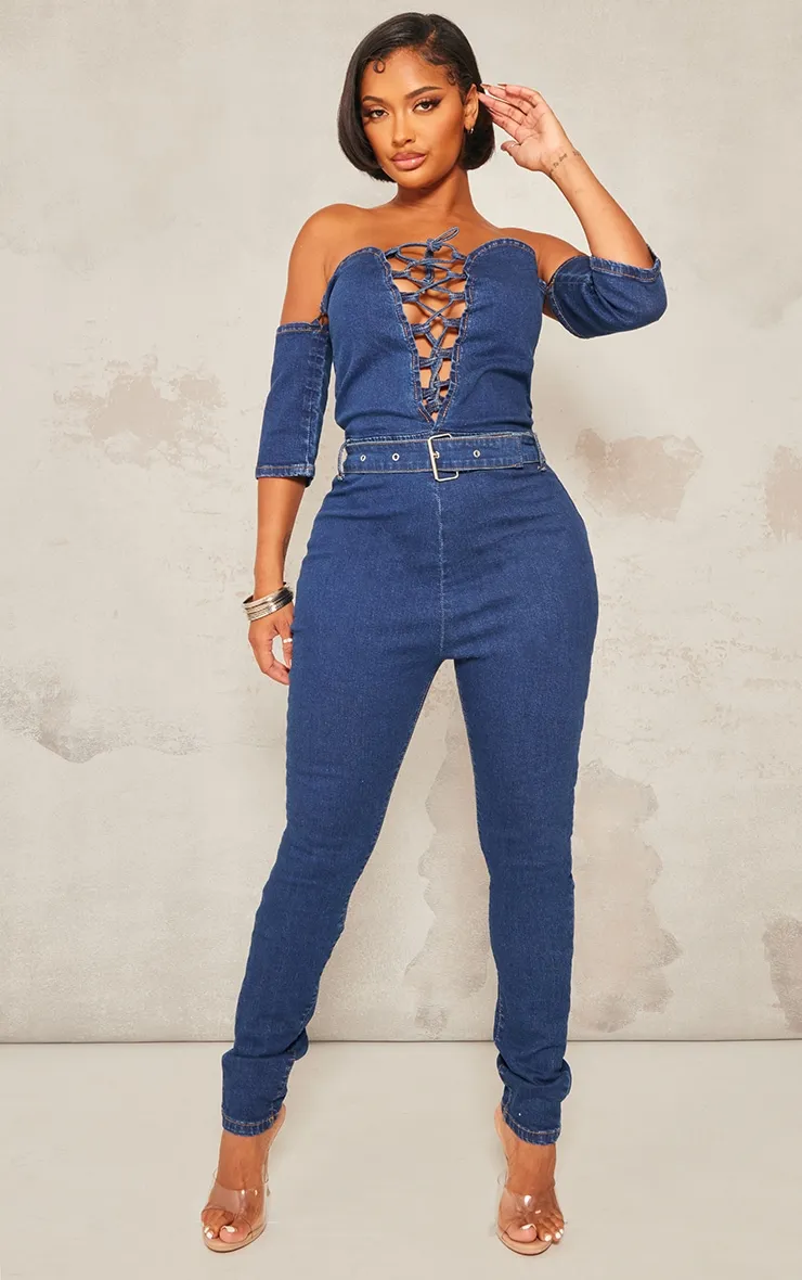 Shape Combinaison en jean stretch délavé bleu moyen à col bardot et lacets