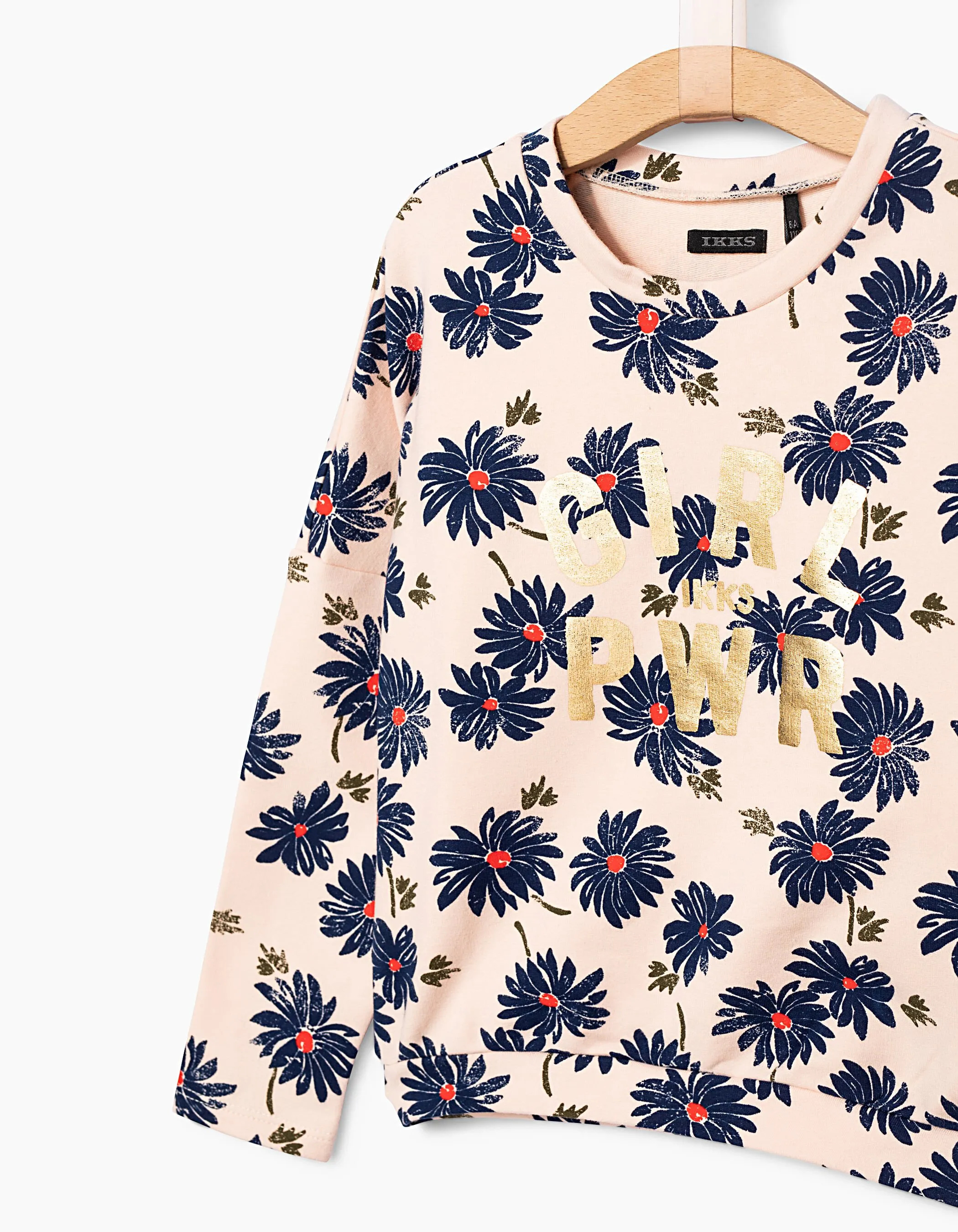 Sweat rose poudré imprimé fleurs GIRL PWR fille