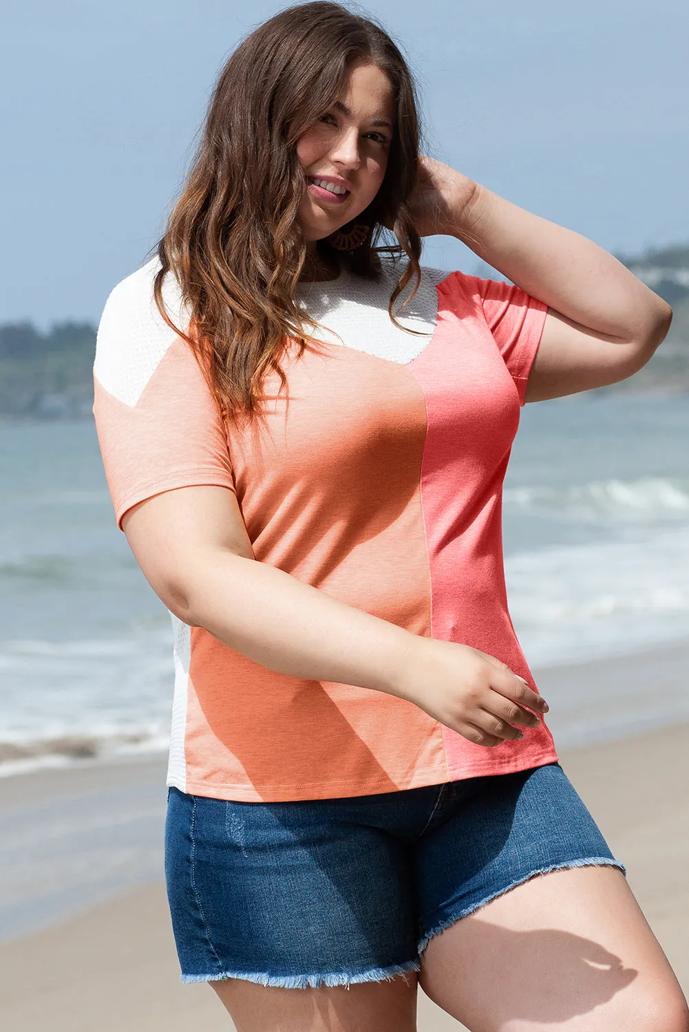 T-shirt en tricot gaufré color block blanc grande taille