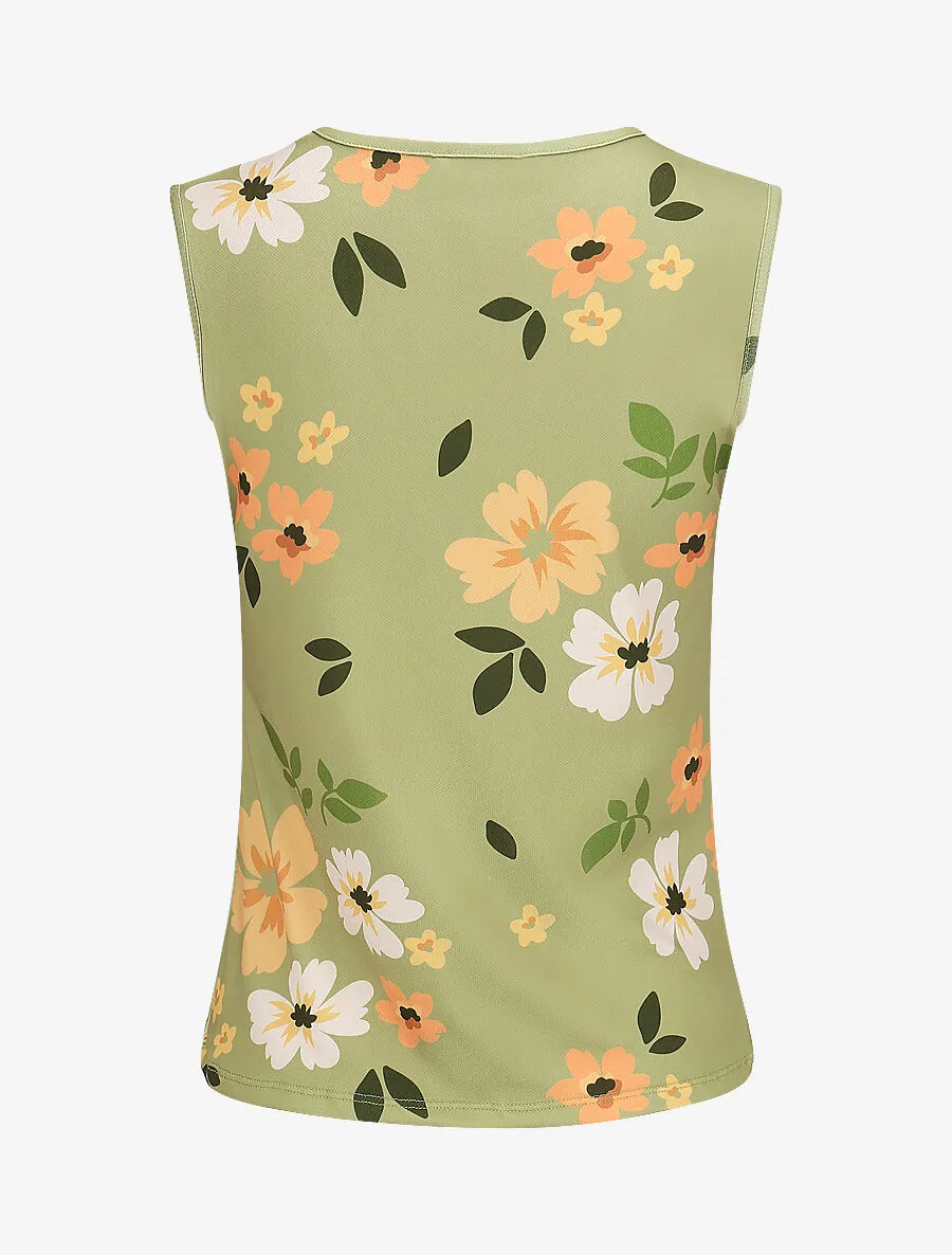 Top fleuri sans manches à détail dentelle - Kaki