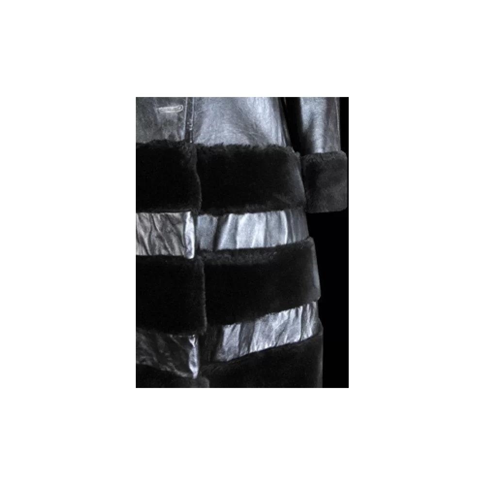 Trois quart cuir femme agneau noir et bandes mouton retourné modèle Bya