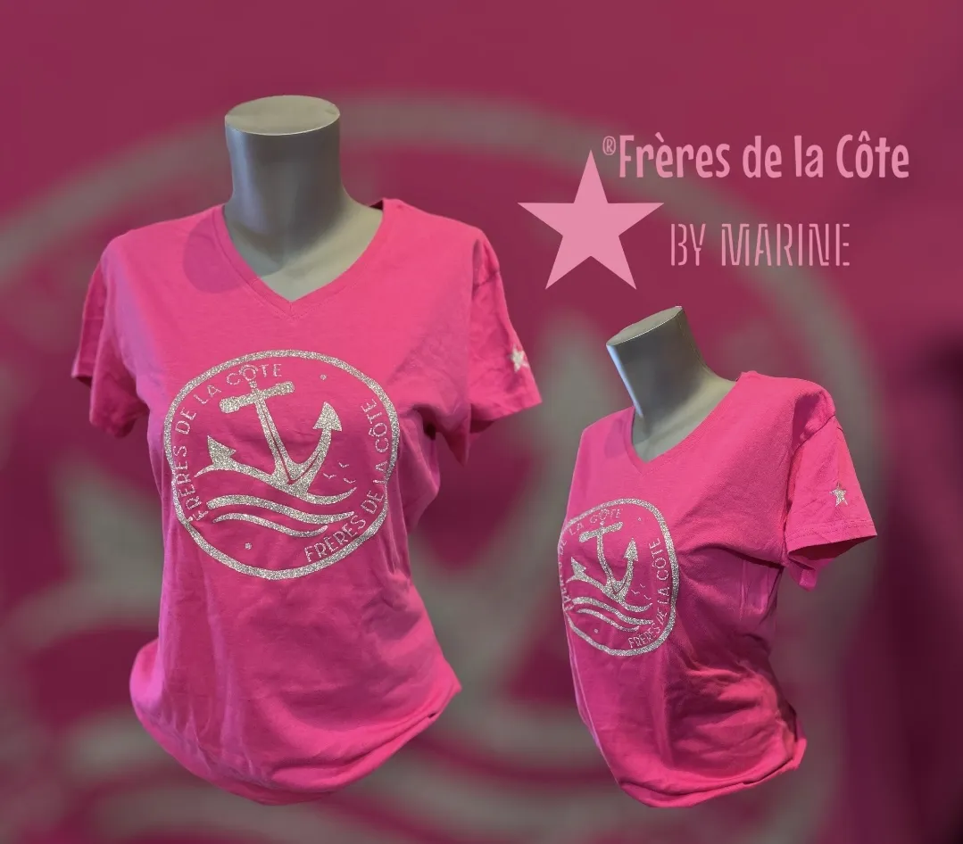 T.shirt Curve • Col V • Woman •  ®Frères de la Côte by Marine Rose Pailleté Argent